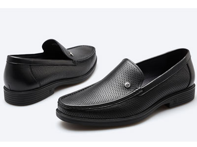 皮尔卡丹夏季新款镂空皮鞋透气牛皮冲孔鞋
